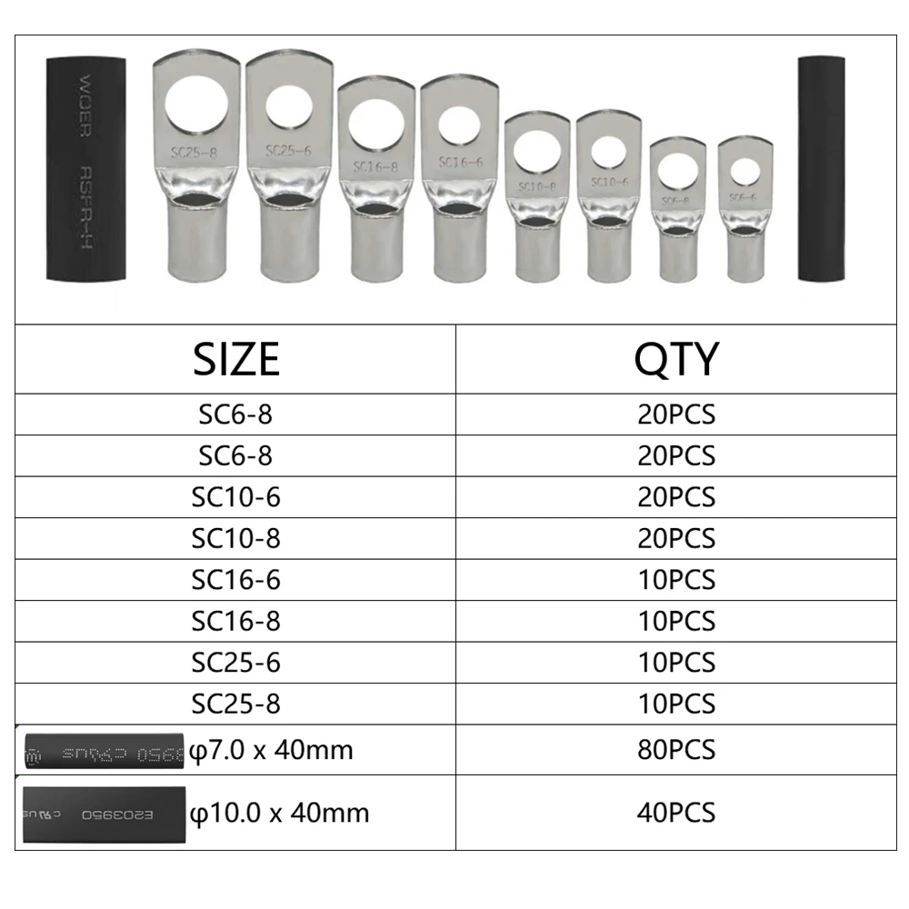 240PCS SC Bare Ring Terminals lug Tinned Copper Tube Seal Battery Wire Connectors Bare Cable Crimped Soldered Terminal