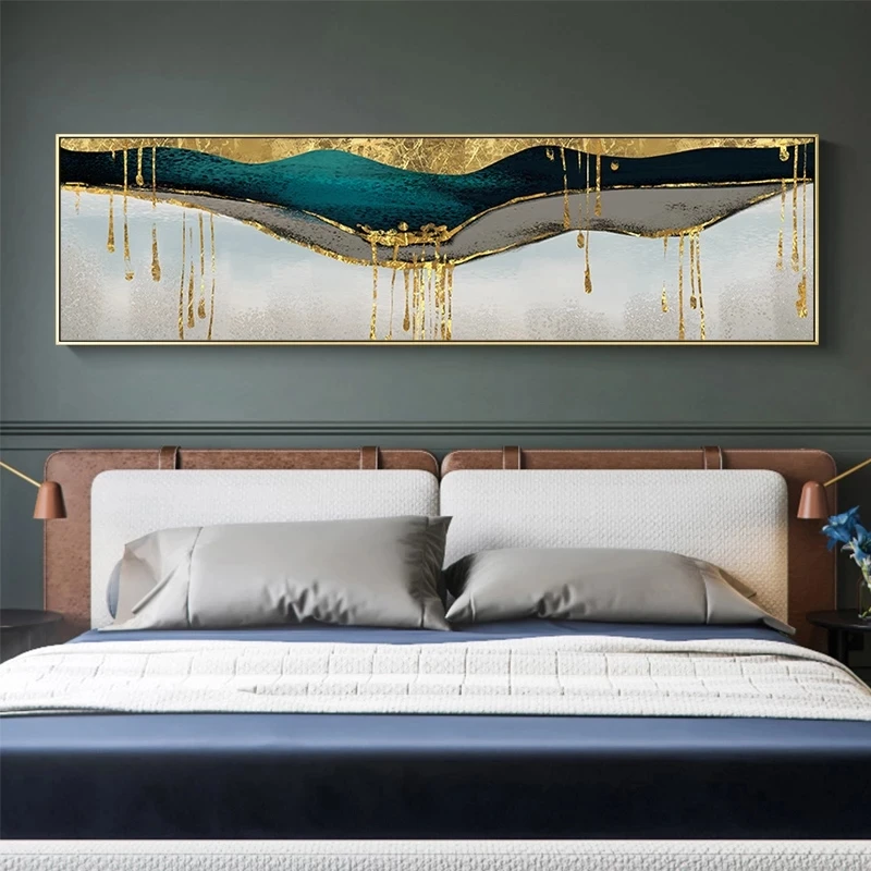 Abstract Green Shining Dold Canvas Painting Golden Pigment Poster Modern Wall Art Pictures for Living Room Blue Print Decoration