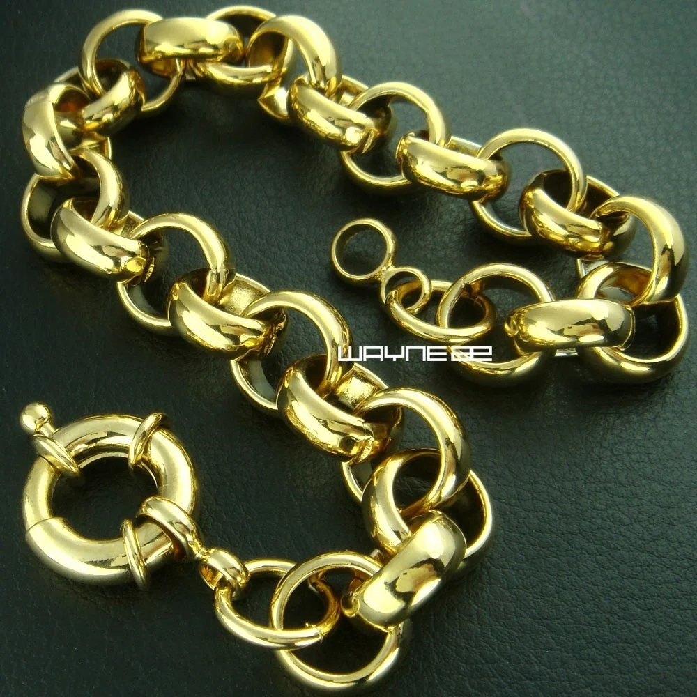 Gold Color 11mm width Belcher Bolt Ring Link Men Women Solid Bracelet Jewllery B164