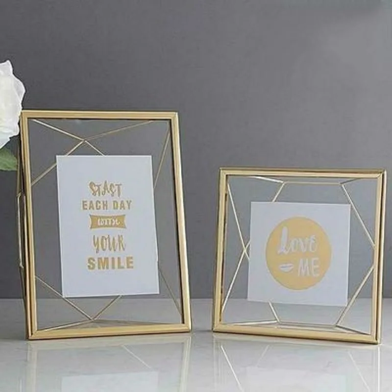 Photo Frame 액자 Cadre Photo Golden Diamond Square Glass Frame Table For Bedroom Home Decoration Cadre Deco Art