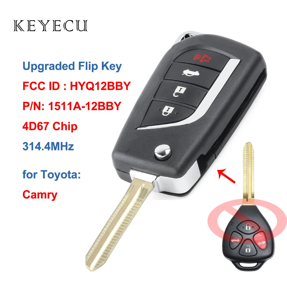 

Keyecu Modified Flip Folding Remote Control Car Key Fob 314.4MHz 4D67 Chip for Toyota Camry 2007 2008 2009 2010 FCC ID: HYQ12BBY