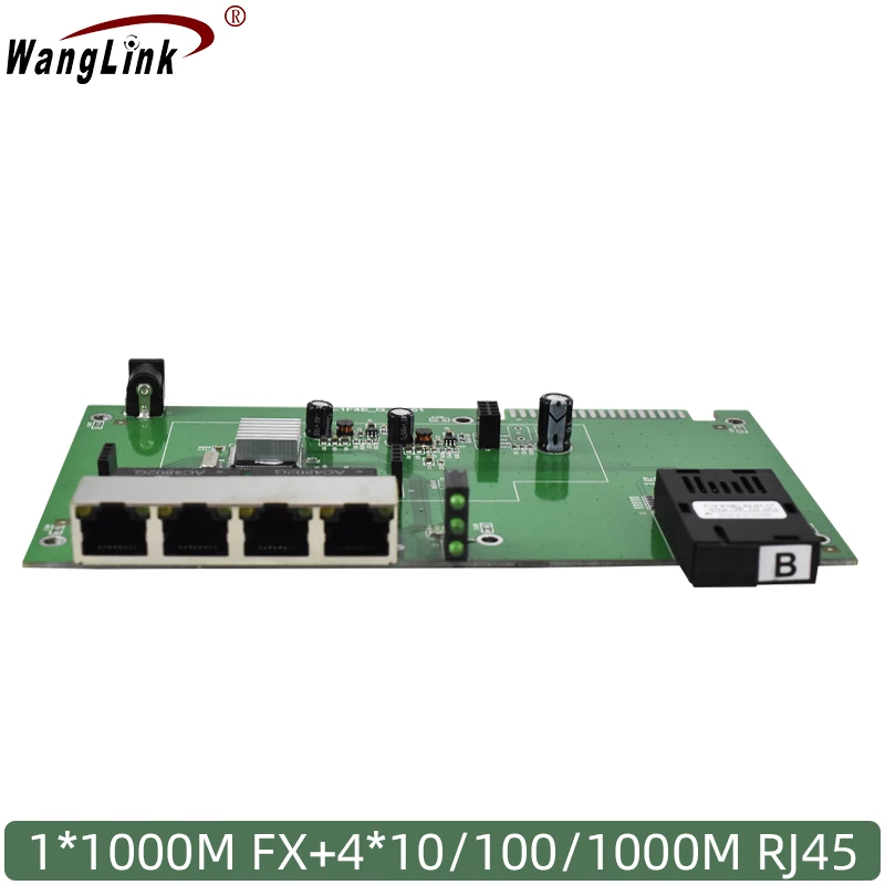 

Wanglink-Gigabit Ethernet Switch, Optical Media Converter, Single Mode, 4 RJ45 UTP and 1 SC Fiber Port, PCB Board, 10/100/1000M