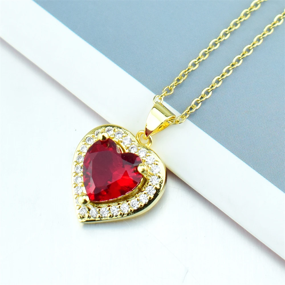 Luxurious Heart Charm Pendant Necklaces Women Girl Gold Color CZ Stone Necklace Jewelry African Arab Middle East Love Gifts