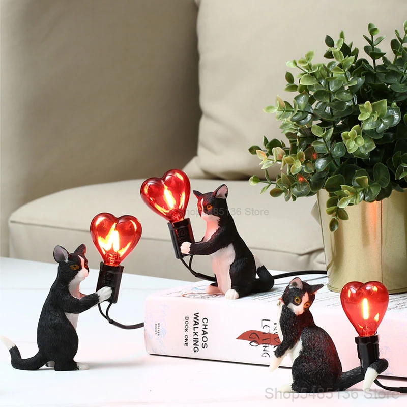 

Cute Cat Led Desk Lamp with Love Heart Bulb Animal Night Lights Table Lamps Bedside Bedroom Decor Fixtures Kids Holiday Gifts