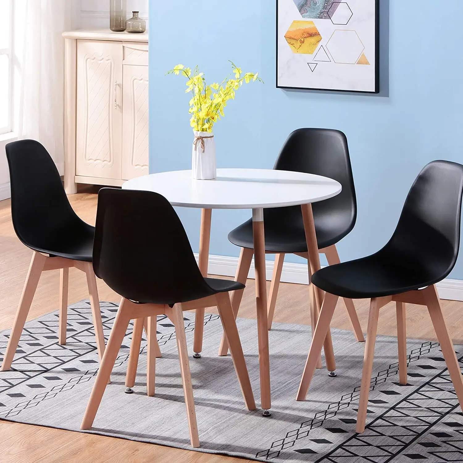 Egoonm Set mit 4 nordischen mittelalter lichen Esszimmers tühlen mit Massivholz beinen für Wohnzimmer Esszimmer Schlafzimmer Arbeits zimmer (weiß/schwarz/grau) – Detail 12