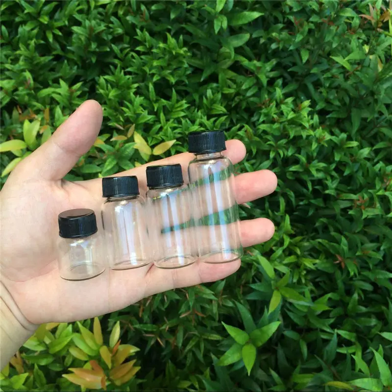 

8ml 15ml 20ml 25ml Hyaline Glass Jars Black Plastic Lid Clear Vitreous Bottle Refillable Perfume Vials 50Pcs Handicrafts