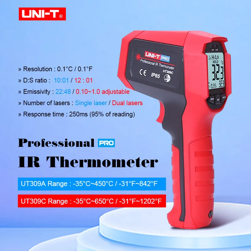 UNI-T UT309A/UT309C عالية الدقة المهنية الصناعية الأشعة تحت الحمراء ميزان الحرارة IP65 الغبار/مقاوم للماء عدم الاتصال عالية/منخفضة التنبيه