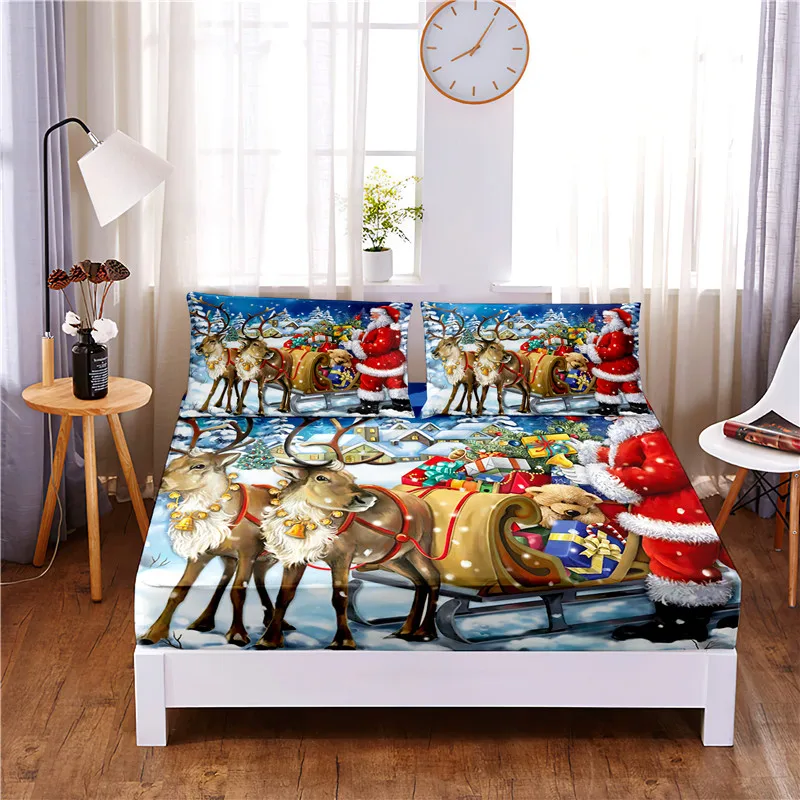 Christmas Sleigh Digital Printed 3pc Polyester  Fitted Sheet Mattress Cover Four Corners with Elastic Band Bed Sheet Pillowcases