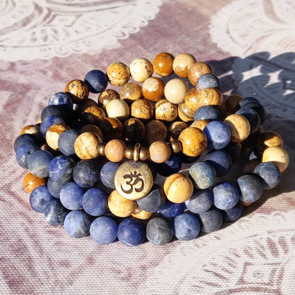 

MG0827 Matte Blue Sodalite 108 Mala Bracelet Natural Gemstone Ohm Charm Necklace Trendy Balance Wrist Yoga Jewelry