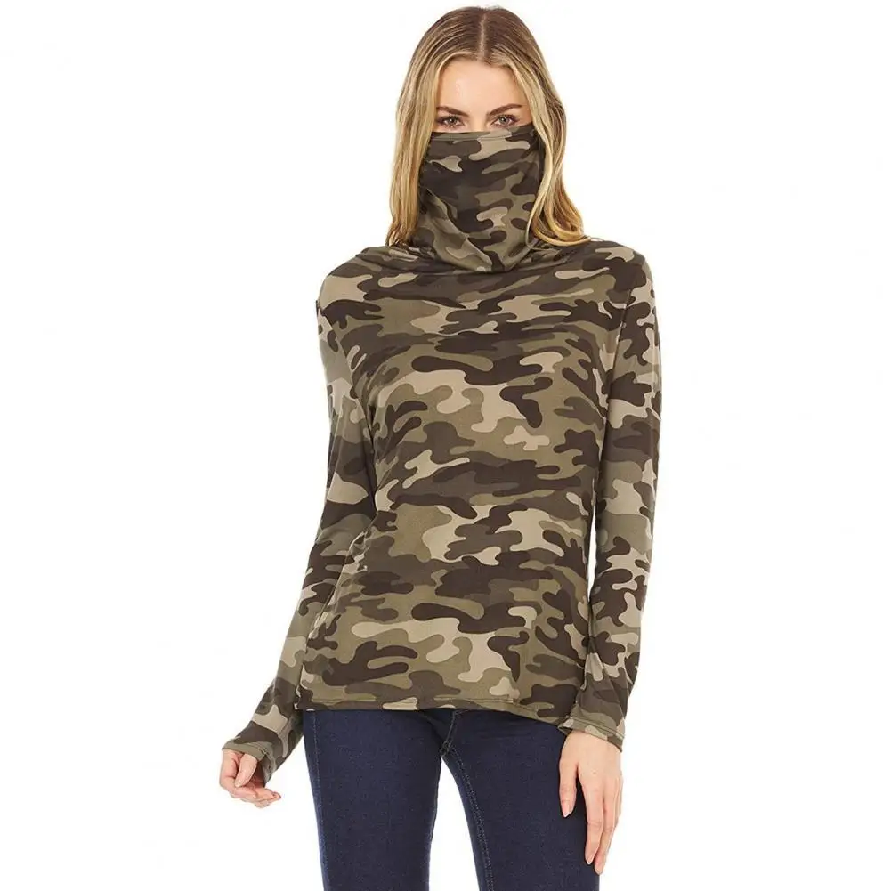 

Tie-dye Women Blouse Pullover Turtleneck Streetwear Camouflage Print Face Cover Blouse for Daily Wear