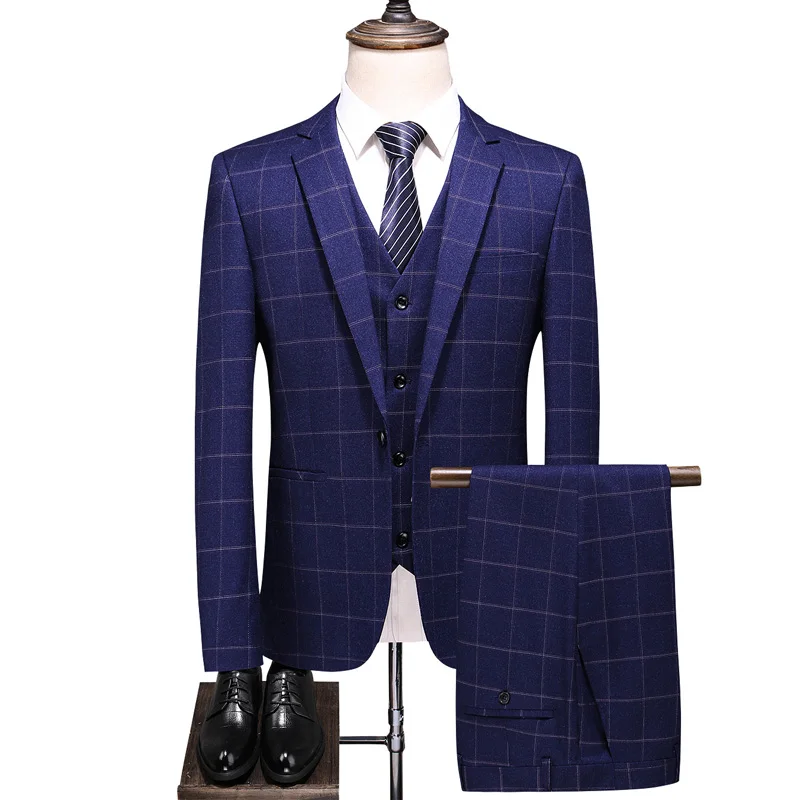 

Autumn new (Jacket+Vest+Pants) Men Wedding Suit Male Blazers Slim Fit Suits Costume Business Formal Party Classic Blue S-4XL