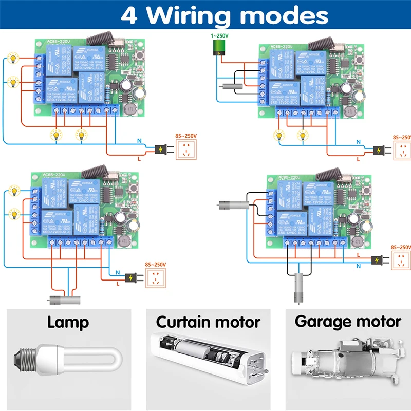 433Mhz AC 220V 110V 4CH przełącznik zdalnego sterowania, AC 85V ~ 220V 4 kanały moduł przekaźnika odbiorczego do drzwi