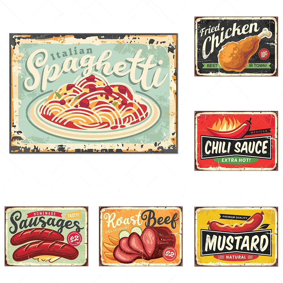 Póster de comida de estilo Retro de los años 50, tacos de pasta, pollo frito, mostaza, cocina americana, restaurante, Póster Artístico de pared
