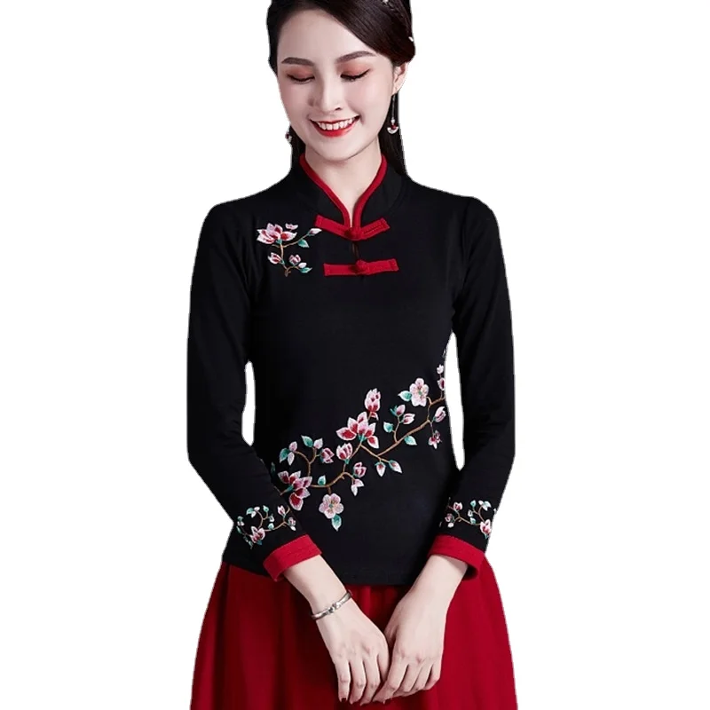 Chinesischen Stil Kleidung Frauen Hanfu 2021 Vintage Shirt Ethnische Tunika Patchwork Bluse Und Top Frauen Damen Chinesische Tops V1932