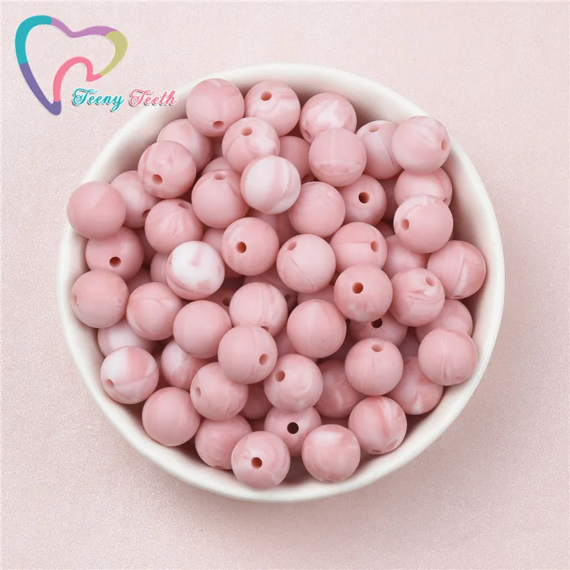 10 PCS Marble Pink Silicone 12-19 MM Round Beads,Marble Colors Series Teething Chewable Baby Hexagon 14-17MM Loose Teether Beads