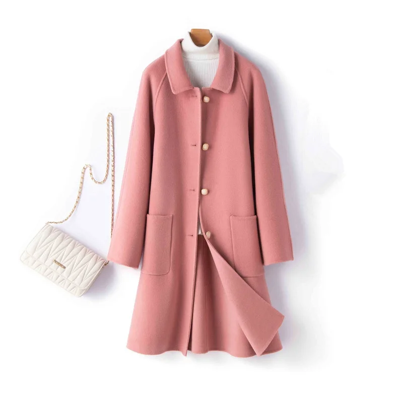 

Autumn Winter Korean Slim Mid-long Double Sided Cashmere Wool Jacket Coat Women Outerwear 4 Color Big Pocket Wool Coat Female