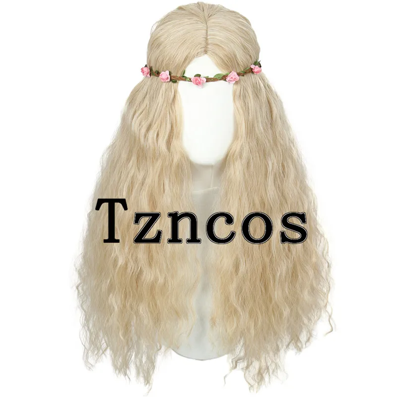 باروكة كارول باسكين من Tzncos مع تاج زهور شعر مستعار طويل ذهبي فاتح مقاوم للحرارة شعر اصطناعي