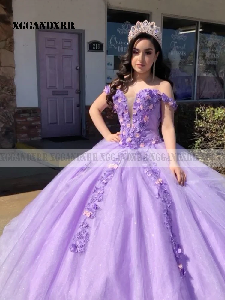 Sparkly Lilac Quinceanera Dress 2023 Sweetheart Off Shoulder Flower Ball Gown Sweet 15 16 Birthday Party Pageant Custom Made