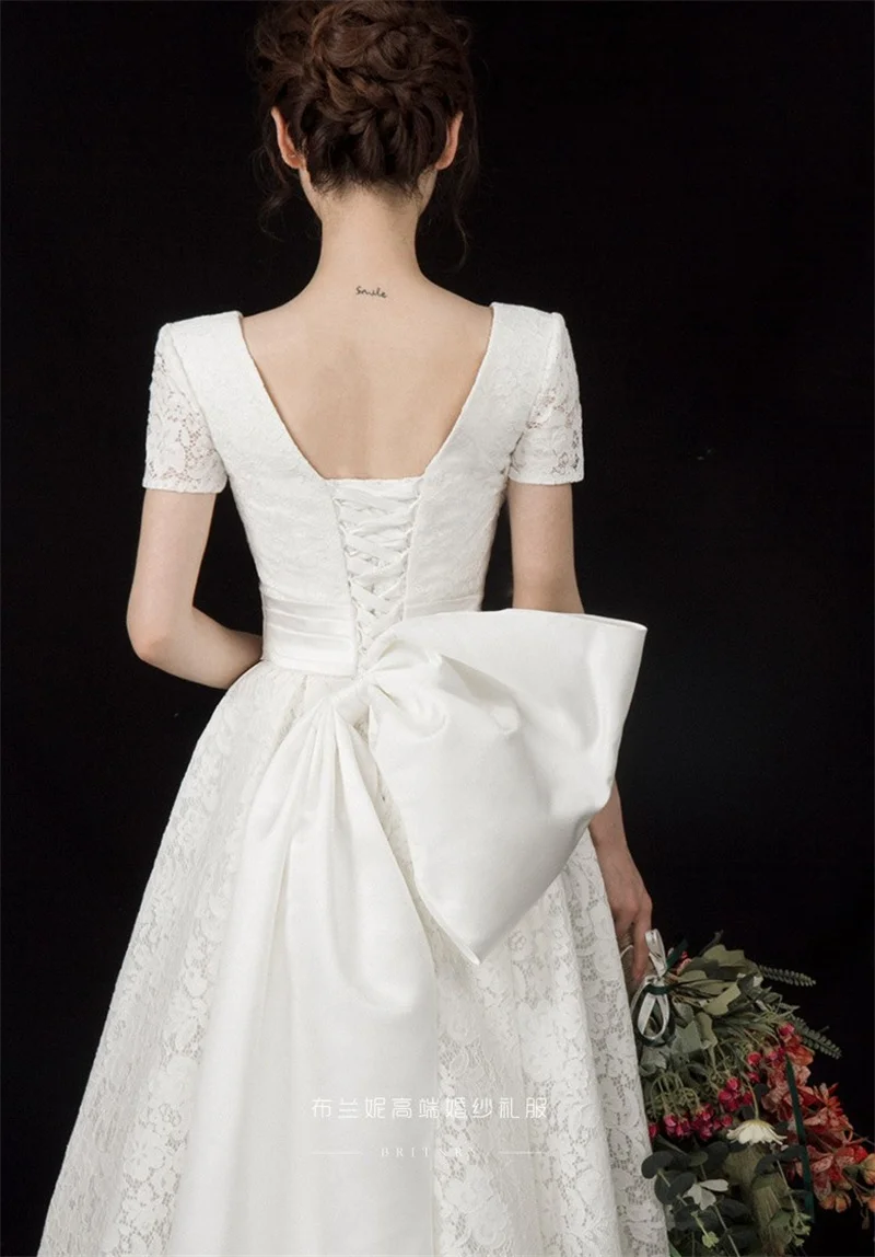 A-Line Floor Length V-Neck Lace Bow Back Wedding Dress 2021 Elegant Short  Sleeve Bridal Gowns vestidos de mairee Wedding