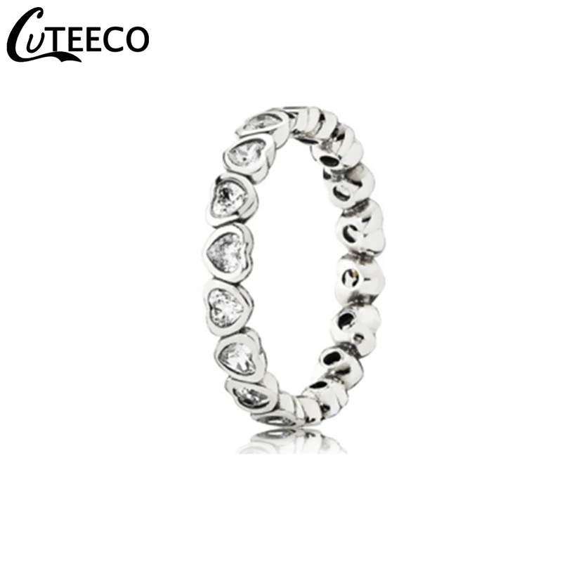 CUTEECO European Creative SIver Color Zircon Heart Rings for Women Wedding Engagement Ring Fashion Jewelry For Girlfriend Gift