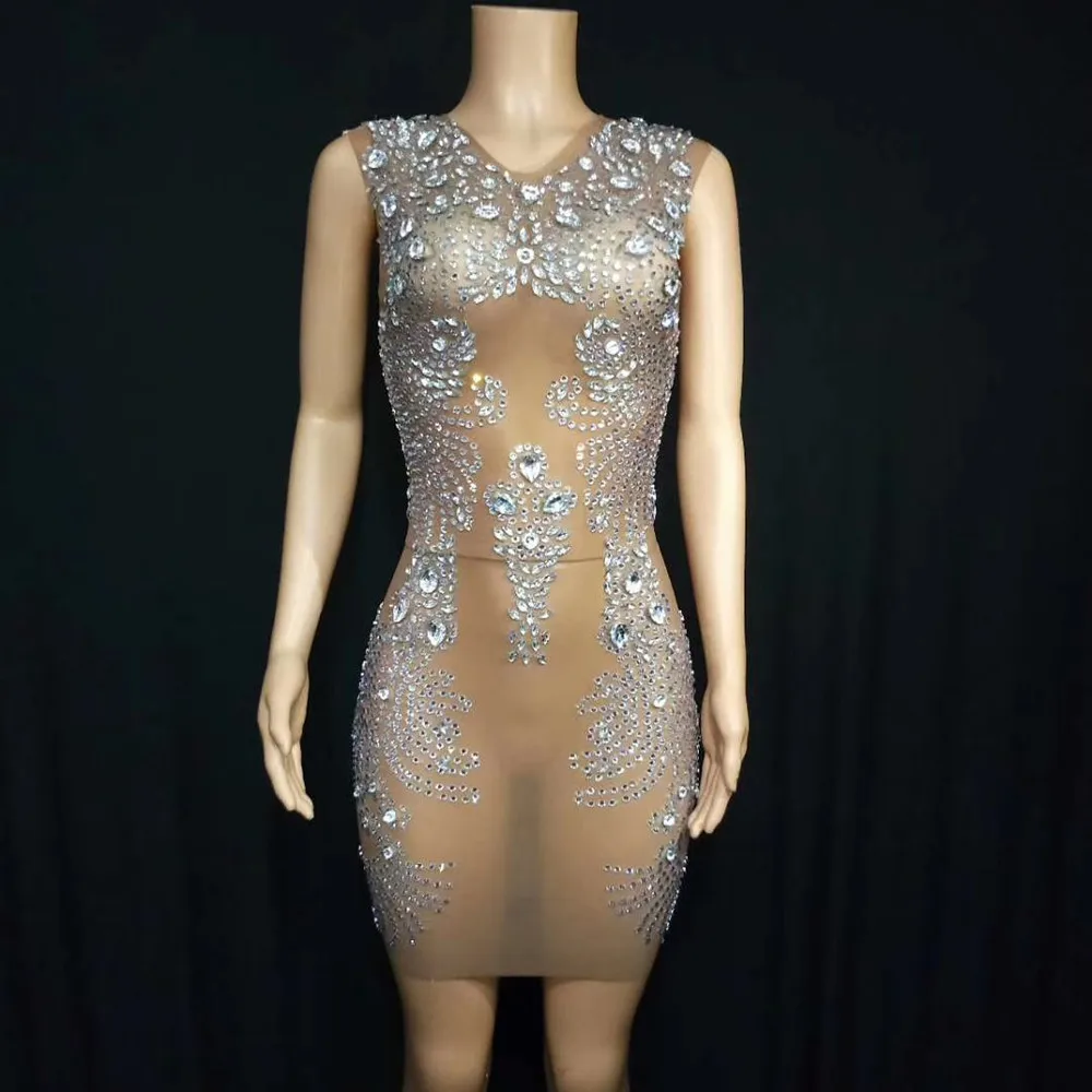 

Silver Crystal Perspective Dress Sexy Stretch Party Celebration Rhinestone Dress Women See Through Nightclub Prom Bodycon Dress