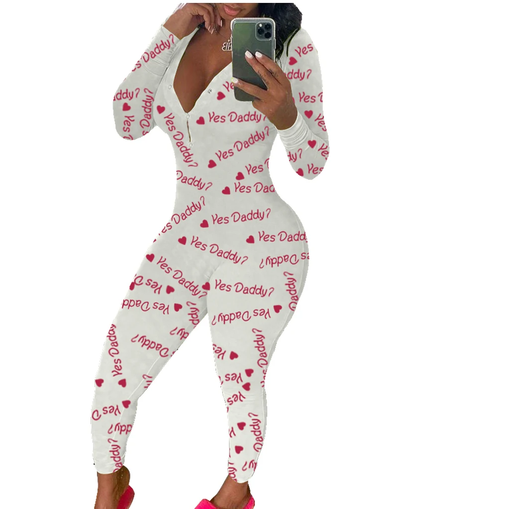 Women Letter Printing Jumpsuit Pajamas V-Neck Romper Home Wear Teen Girls Sexy Bodysuit Adult Nightgown Onesies