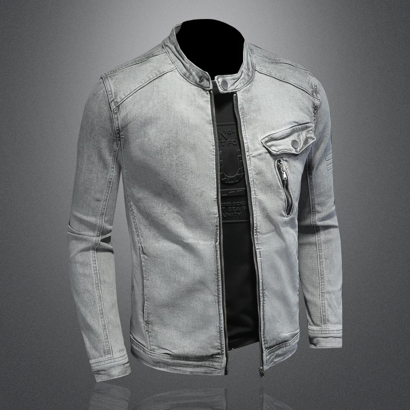 Men Moto Biker Streetwear Denim Jackets Men Vintage Grey Bomber Jacket Outwear Male Casual Cotton Stand Collar Denim Coats