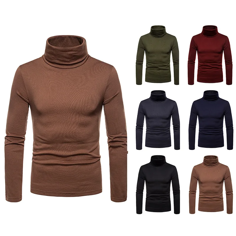 New Arrival Men's Fleece Warm Long Sleeve T Shirts Korean Style Fashion Solid Color Turtleneck Men Tshirt Base Shirt Streetwear