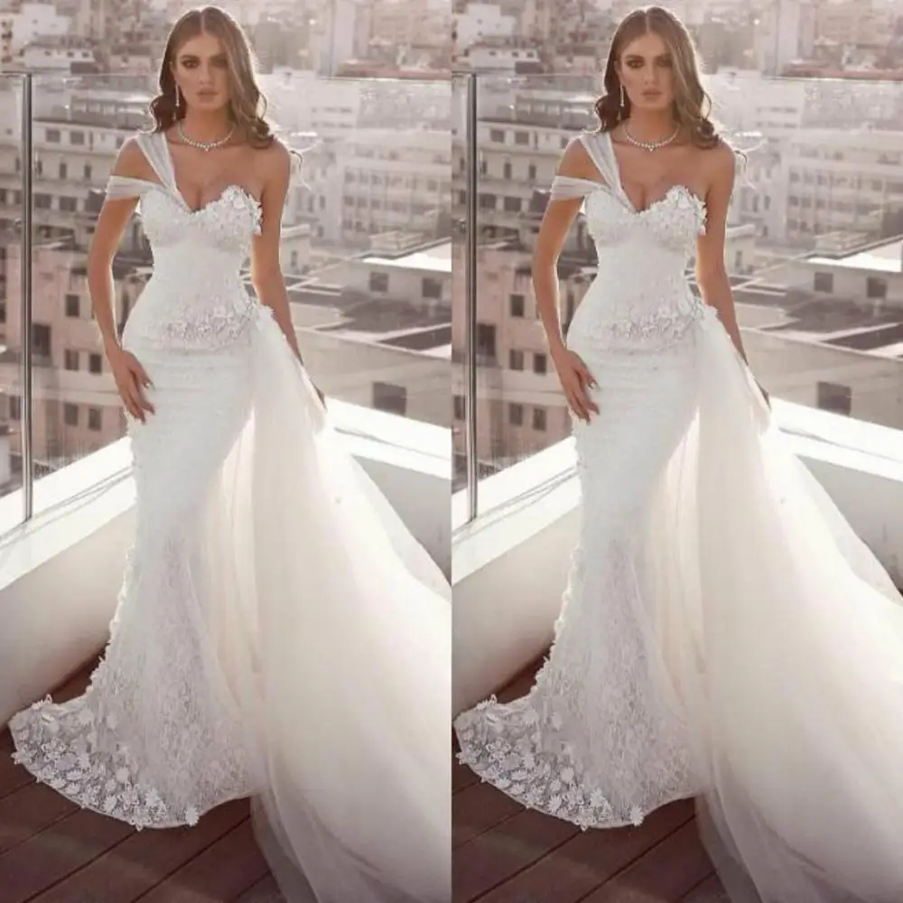 Vestidos de novia de sirena de un hombro con tren desmontable, encaje, apliques florales 3D, vestidos de novia de campo, vestido de novia hecho a medida