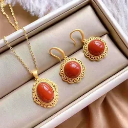 Natural original new inlaid southern red tourmaline set earrings necklace natural temperament niche design ladies jewelry