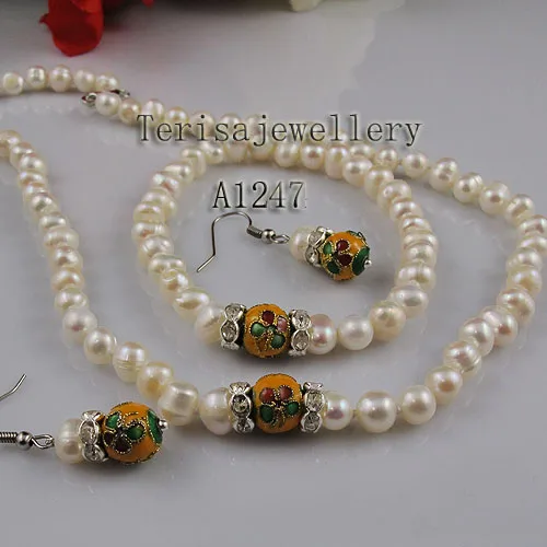 

New Arriver Natural Pearl Jewelry Set Freshwater Pearl Rhinestone Cloisonne Necklace Bracelet Earrings More Color For Choose