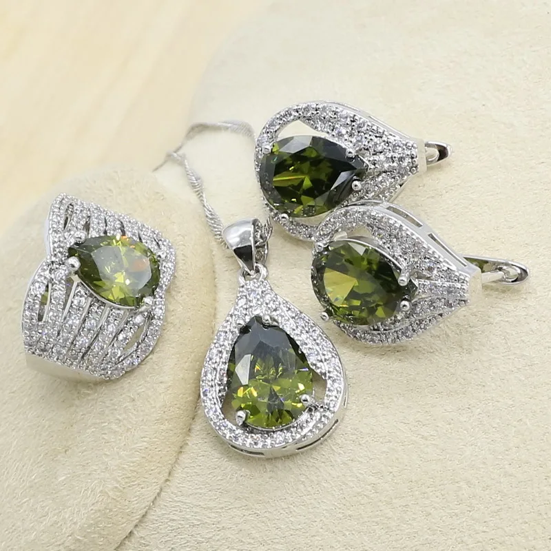 Novo verde peridot zircon prata 925 conjunto de jóias feminino pulseira brincos colar pingente anel presente aniversário