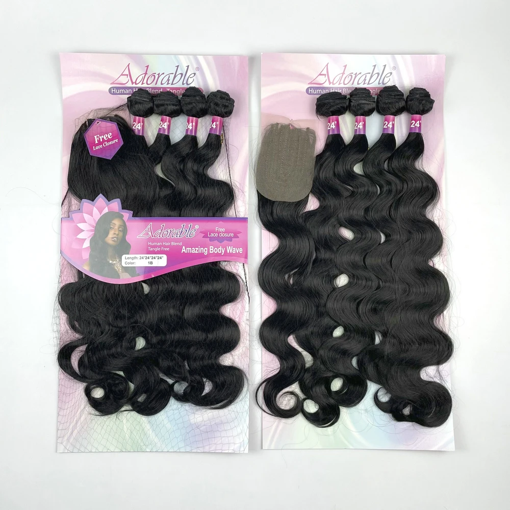 Paquetes de cabello sintético Adorable, paquete completo de solución, hecho a máquina gratis, cierre de encaje 4x4, 24 pulgadas, negro, onda corporal increíble, 4 piezas