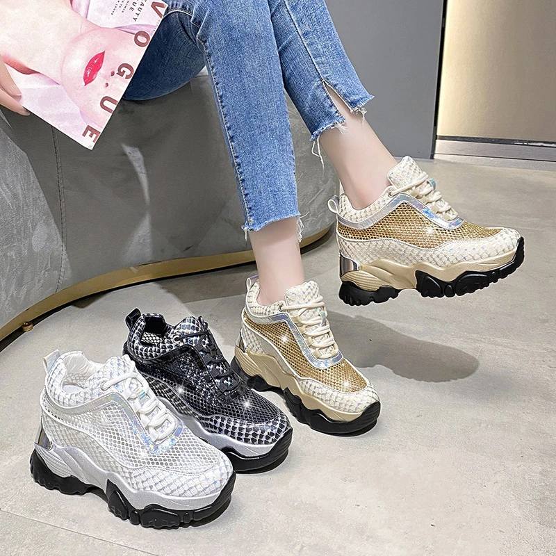 Sneakers robuste traspiranti estive per donna 2021 primavera oro argento maglia donna piattaforma vulcanizza scarpe sandali con fondo spesso 5cm