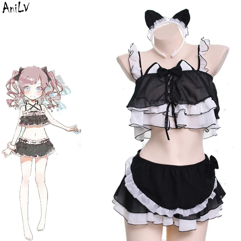 AniLV ญี่ปุ่นอะนิเมะ Lolita น่ารักแมวแม่บ้านเครื่องแต่งกายชุดว่ายน้ำแมวสาวชุดว่ายน้ำชุดสระว่ายน้ำปาร์ตี้คอสเพลย์