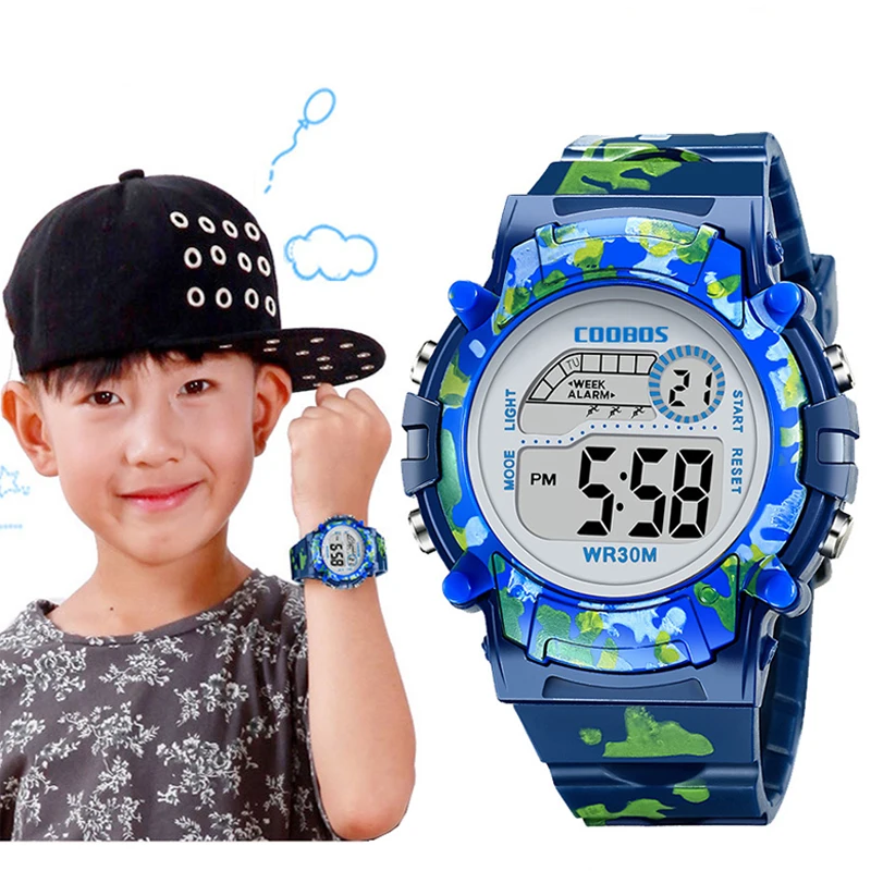 Navy Blau Camouflage Kinder Uhren LED Bunte Flash Digital Wasserdicht Alarm Für Jungen Mädchen Datum Woche Kreative kinder Uhr