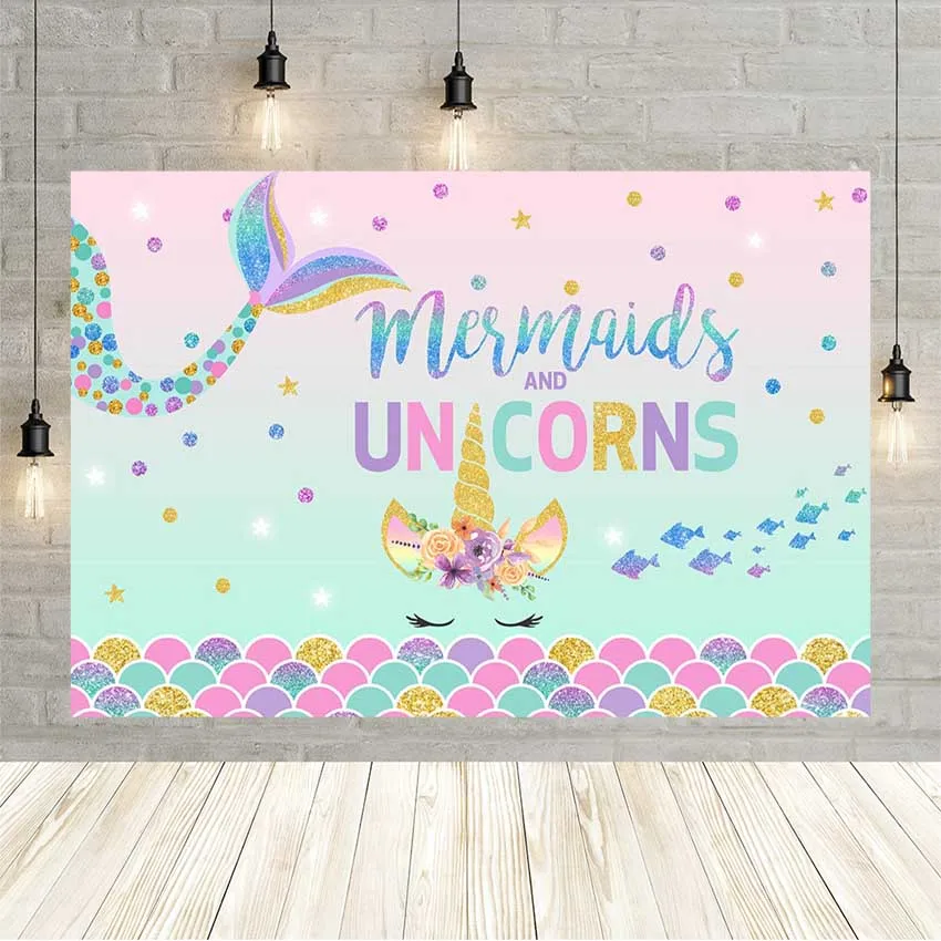 

Avezano Photography Background Girl Birthday Baby Shower Mermaid and Unicorn Decor Backdrop For Photocall Photo Studio Photozone