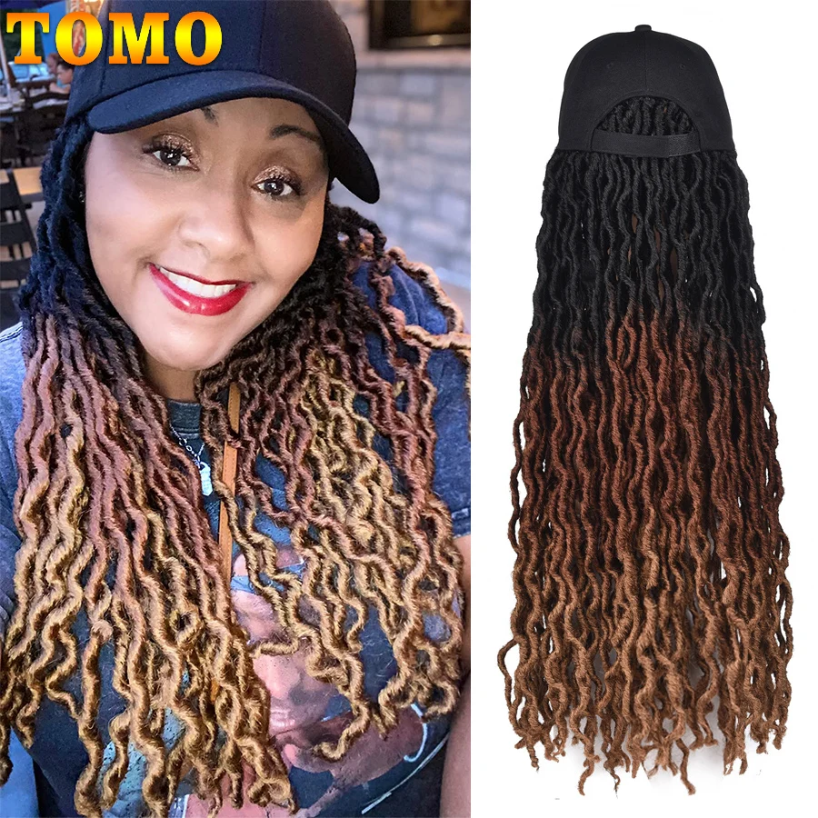 TOMO Faux Locs Crochet Hair para mujeres negras, gorra de béisbol ajustable, sombrero, peluca con rastas sintéticas degradadas, extensiones de cabello