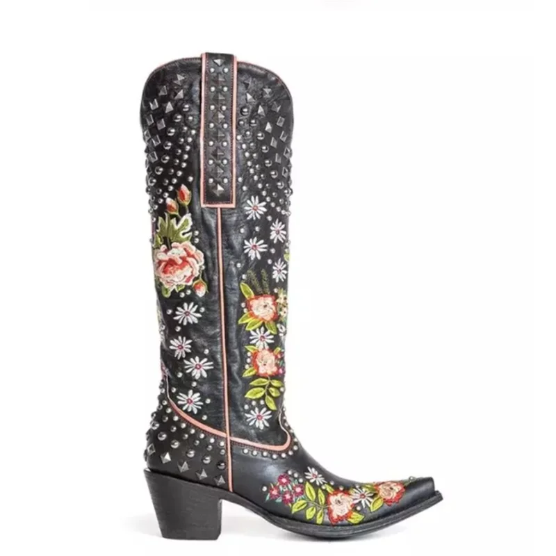 Foreign Trade Pointed Toe 2026 Women's Boots Ethnic Style Embroidered Rivet Thick Heel Large Size Party Steel Pipe Dance Pumps