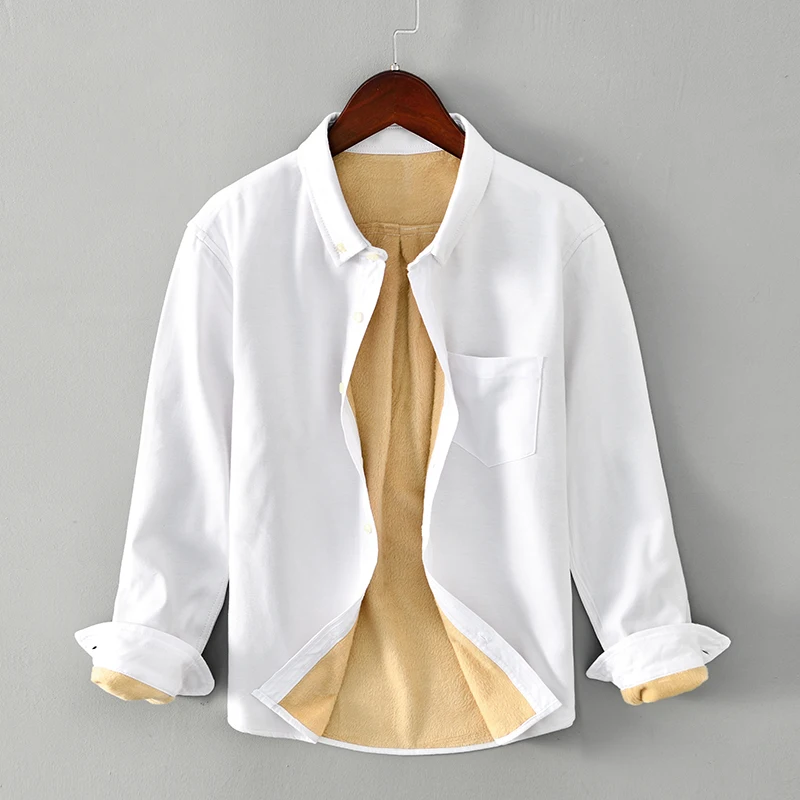 Designer New Long-sleeved Cotton Plus Velvet Thickening White Shirt Men Brand Trend Solid Casual Warm Shirts For Men Chemise
