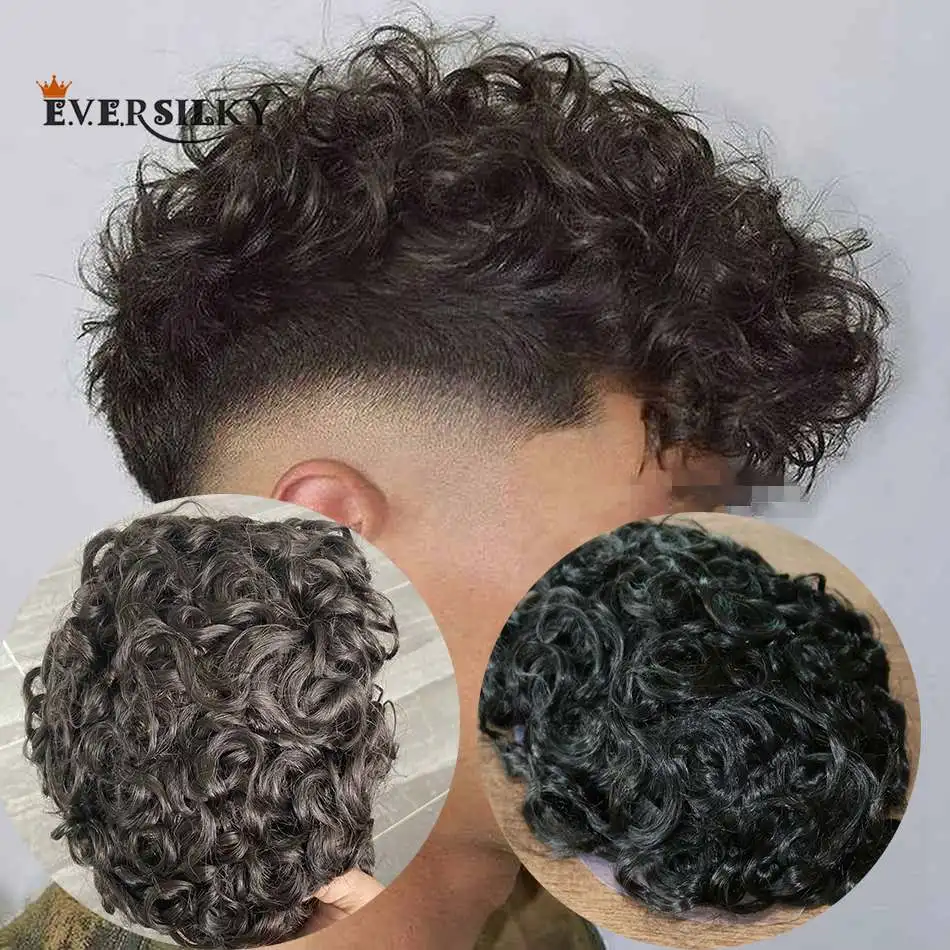 Full Skin Base 20mm Curly Human Hair Men\'s Toupee Durable Prosthesis System Black/Brown Hair Piece 130 Density Natural Frontline