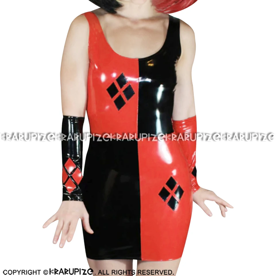 Black And Red Sleeveless Latex Dress Clown With Gauntlets Rubber Uniform Bodycon Playsuit LYQ-0191