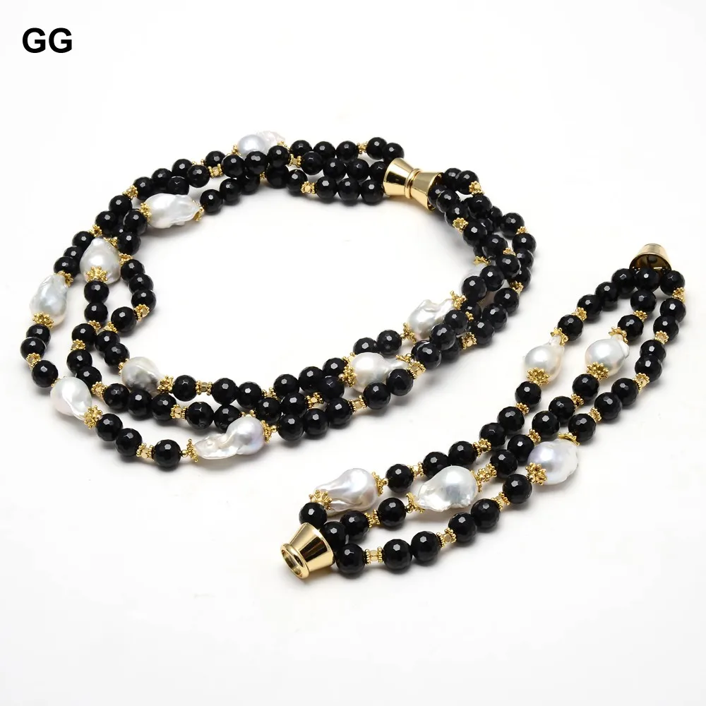 GG Black Onyx Faceted Beads Cultured White Reborn Keshi Pearl Statement Bracelet Necklace Sets Classic For Women