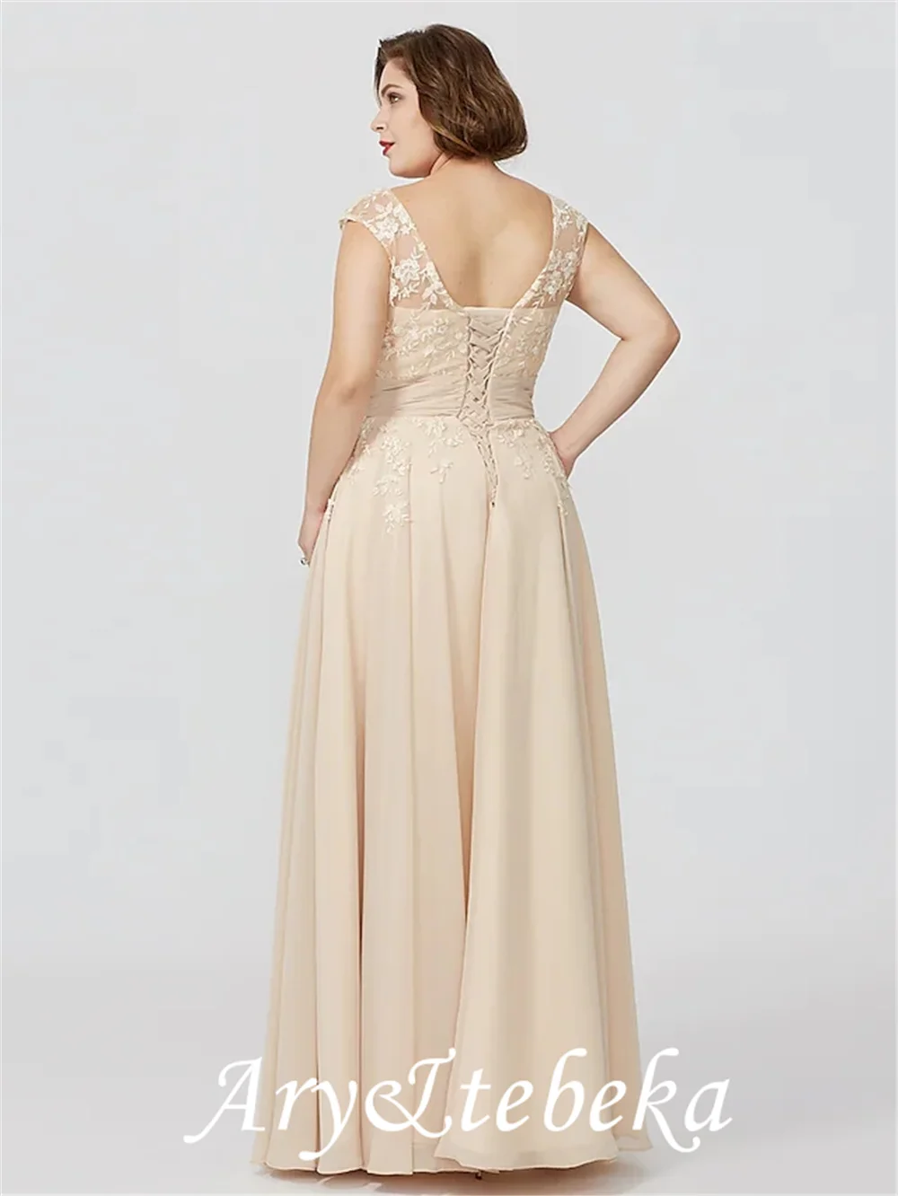 A-Line Mother of the Bride Dress Plus Size Elegant V Neck Floor Length Chiffon Sheer Lace Sleeveless with Sash/Ribbon Appliques