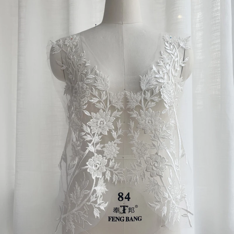

Luxury Beaded Flower Pair Embroidered Applique Lace DIY Veil Applique Medallions Piece For Bridal Dress