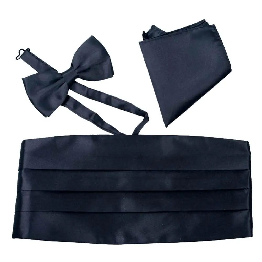 ชายซาติน Cummerbund Bowtie Pocket Square Hanky ชุดสำหรับงานแต่งงาน Tuxedo สีต่างๆสำหรับเลือก