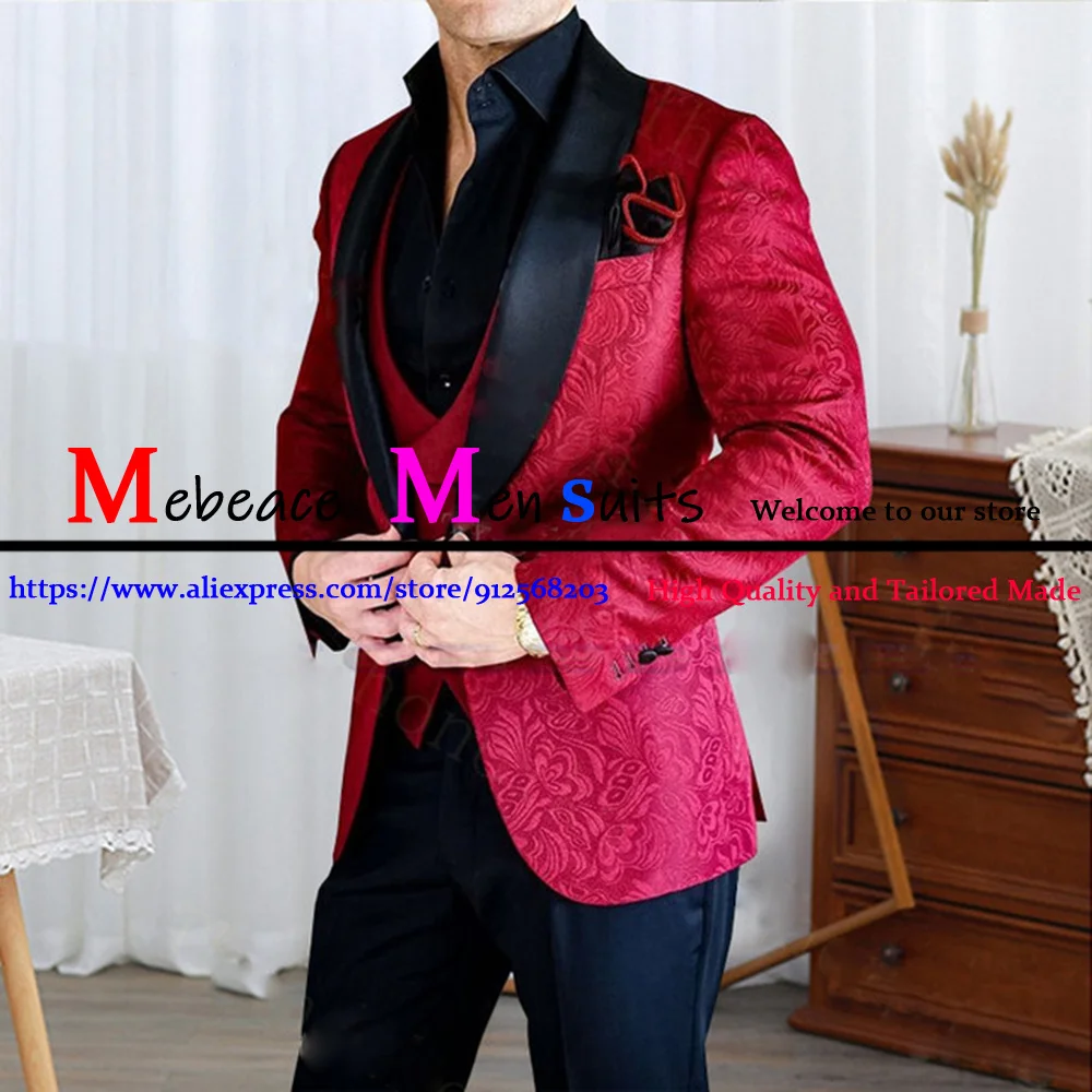 Red With Dark Navy Blue Pants Men Suits Terno Masculino 3 Pics Men Suit Groom Groomsmen For Wedding Prom Printing Blazer Tuxedos