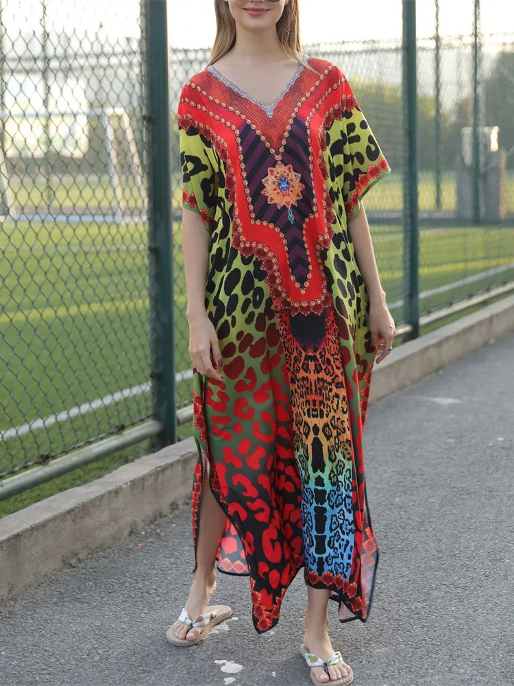 Cover-Ups 2021 Kaftan Beach Leopard 프린트 뱀 가죽 수영복 커버 기모노 플라 주 비치 가운 Femme Sarong Long Dress Beachwear