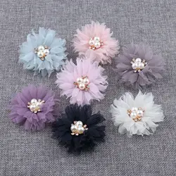 5 pcs 6cmThree pearl mesh gauze flowers For DIY Wedding Party Decorations Floral Wreath Scrapbook Craft