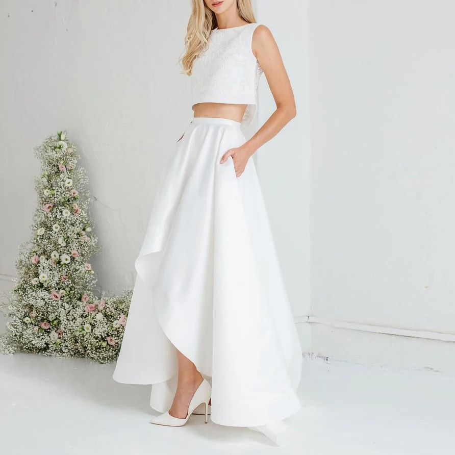 

High Low Wedding Skirt Ivory Satin Long Skirt for Bridal Asymmetric Floor Length Prom Skirts Women Saia Faldas Custom Made